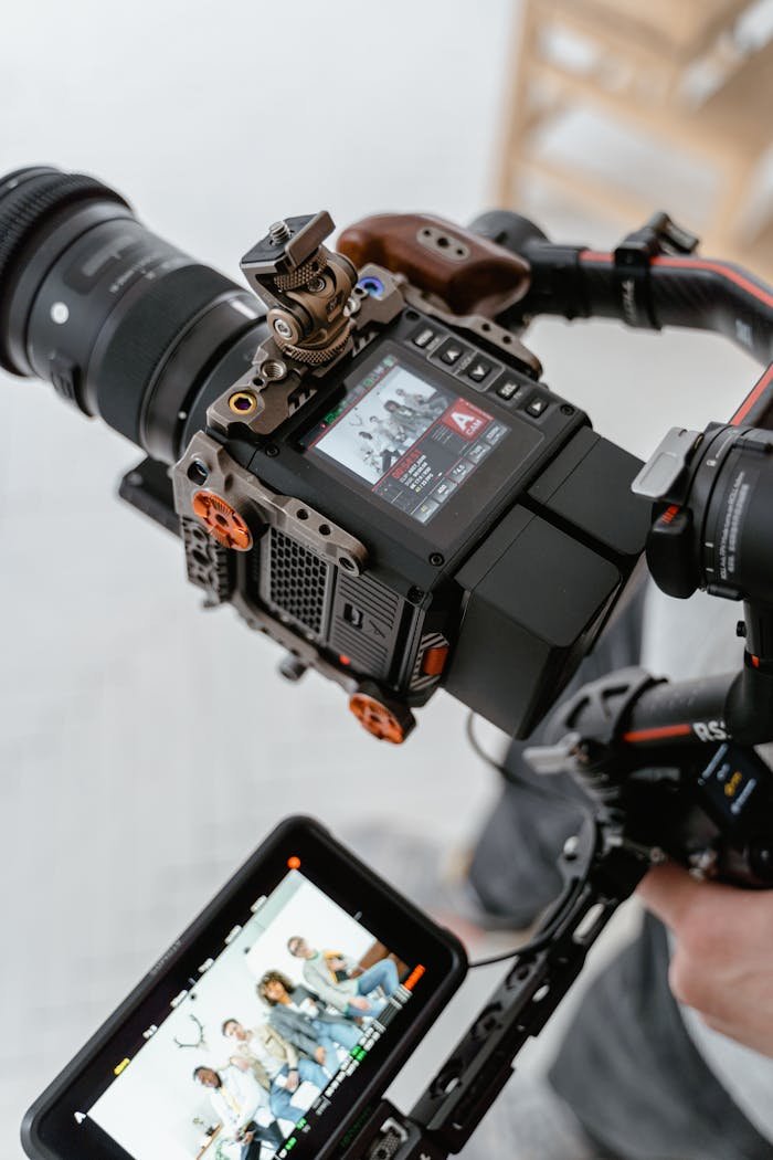 Close-up of a modern video camera setup capturing a group in an indoor setting.